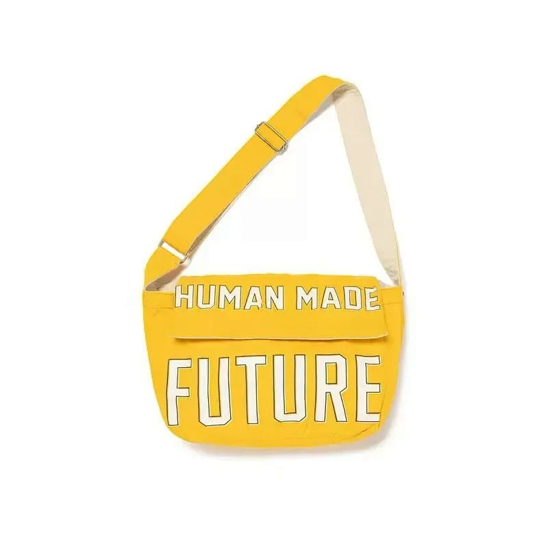 Human Made 26SS双面字母复古日系街头帆布邮差包男女百搭流浪包 牛仔蓝 黄色 HM0051