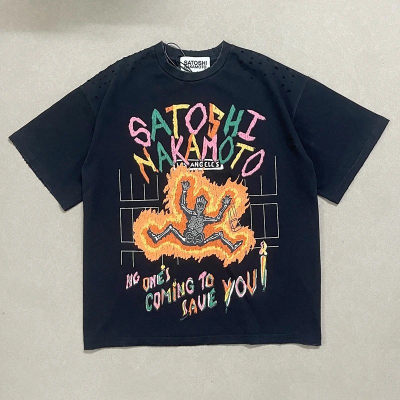 Satoshi Nakamoto  No Savior 印花T恤  颜色 水洗黑  码数 S M L XL   S3301