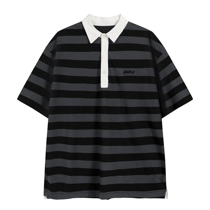 JUUN极简风格条纹拼接刺绣logo翻领短袖T恤 黑灰条纹 S-XL码  J6067#