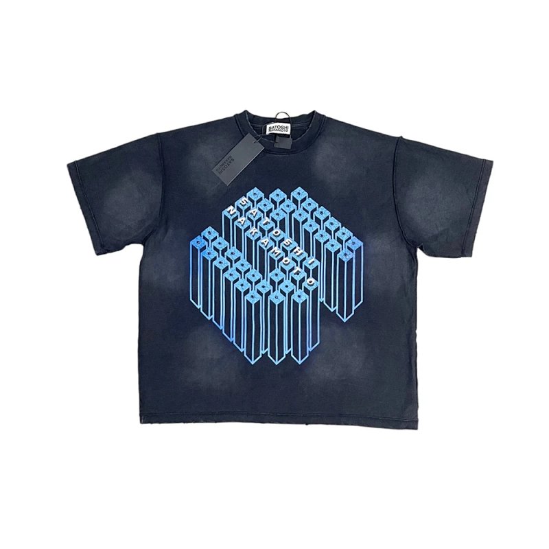 SATOSHI NAKAMOTO Gridlock 装饰做旧T恤 颜色：水洗黑 码数：S M L XL  S3319