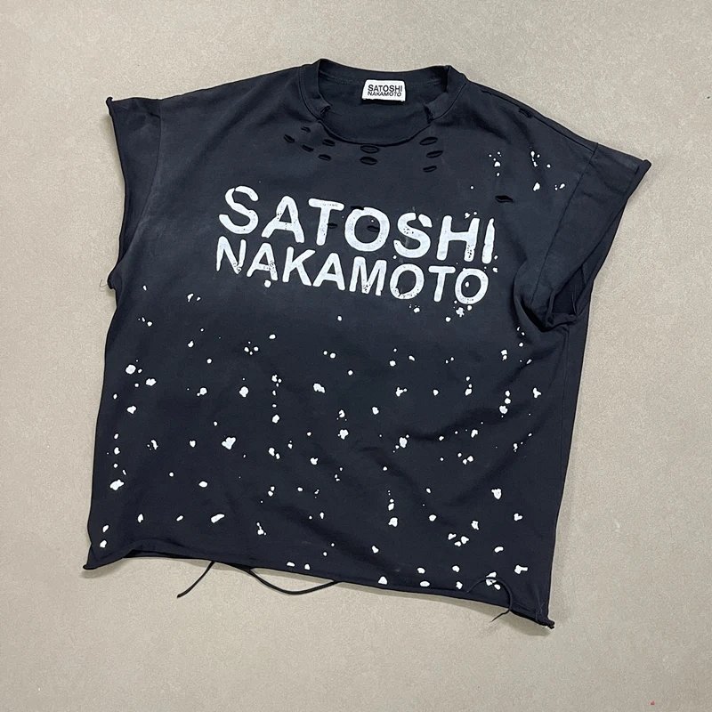 SATOSHI NAKAMOTO Luke Destroyed 泼墨破坏无袖背心T恤 颜色：水洗黑 蓝色 红色 码数：S M L XL  S3310