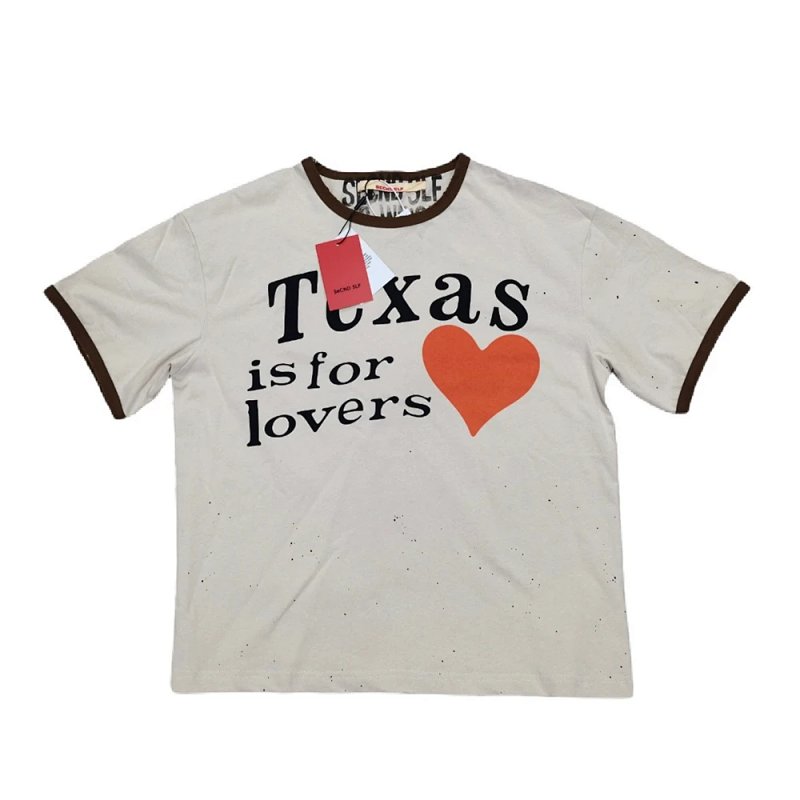 SECND SLF Texas橘红爱心水洗做旧短袖T恤 颜色：羊羔色 尺码：S M L XL  7501