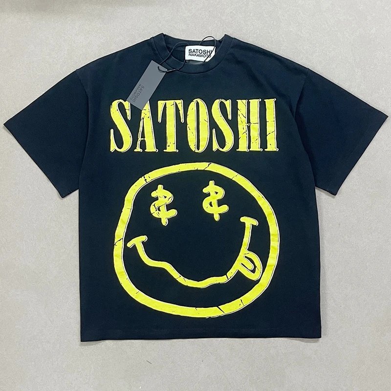 Satoshi Nakamoto 黄色笑脸（Smiley Face）笑脸印花T恤  颜色 水洗黑  码数 S M L XL  S3302