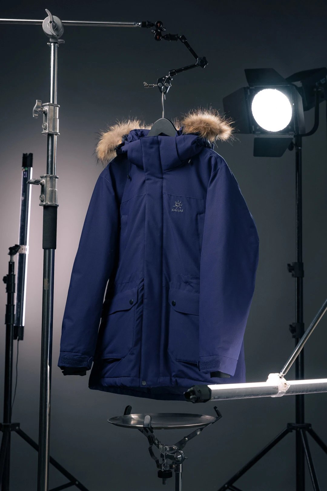 Kailas Down Jackets Fur-trim hood parka with flap pockets — blue