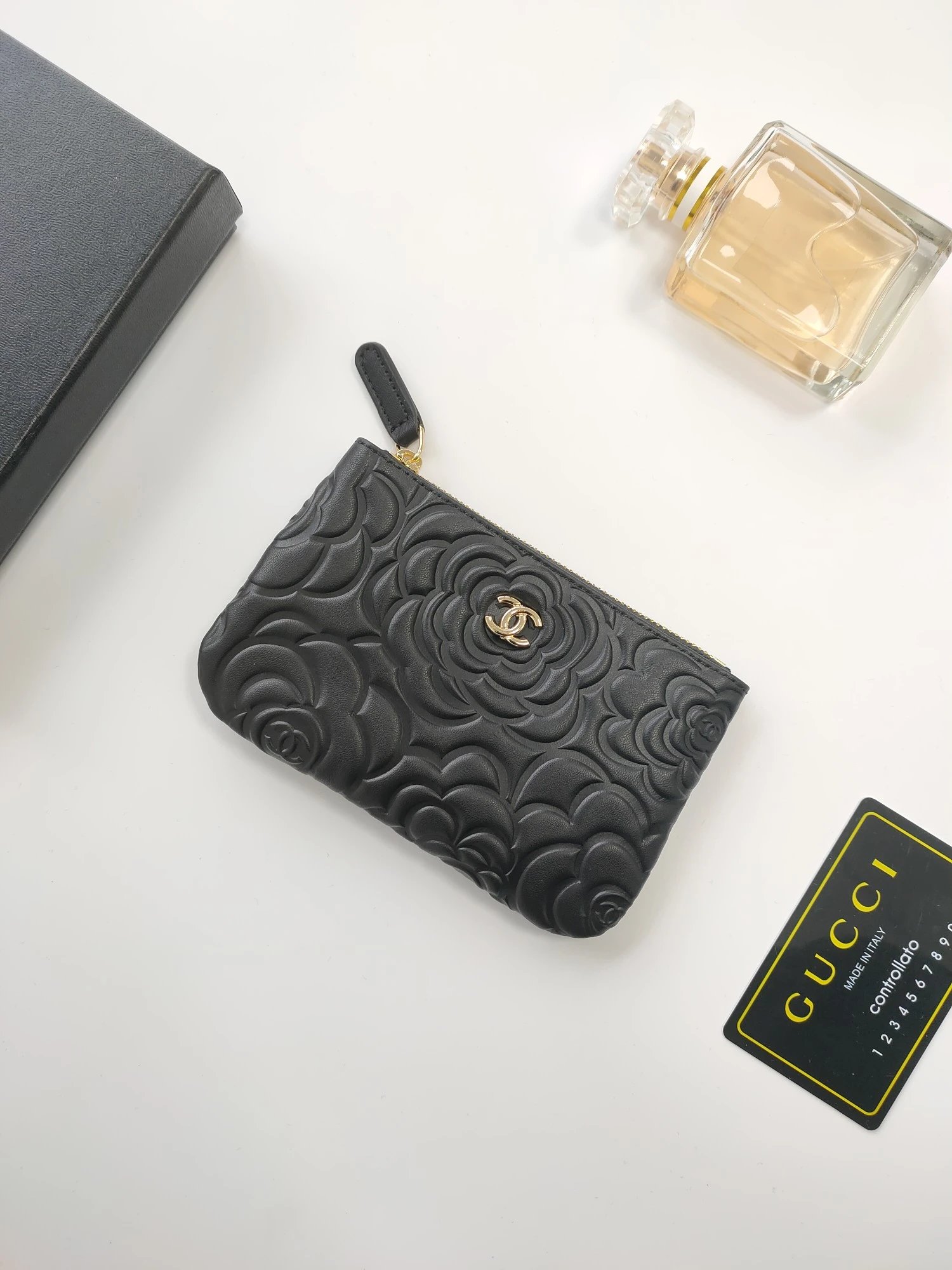 Chanel Black Camellia Zip Pouch