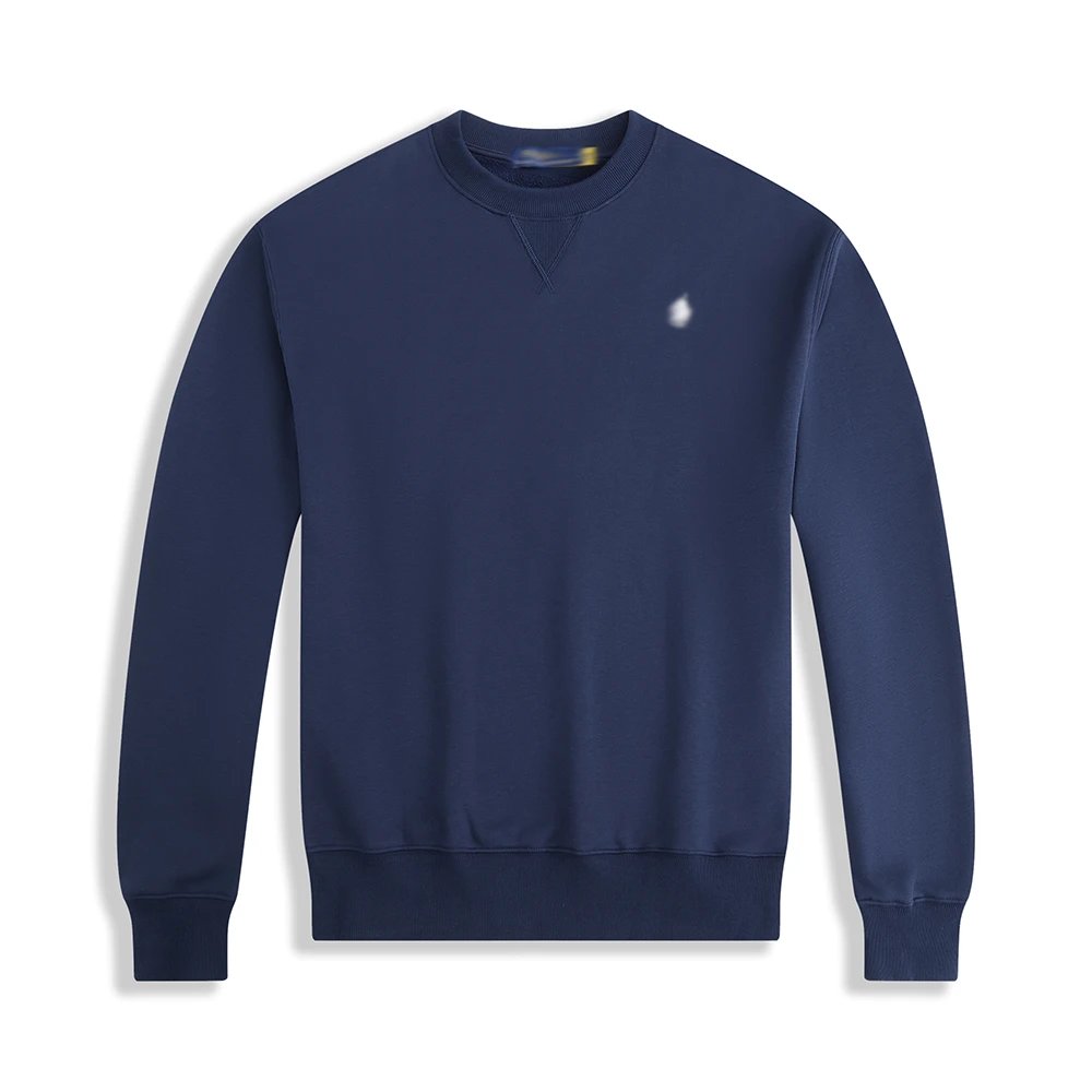 Round neck design with navy blue and white logo