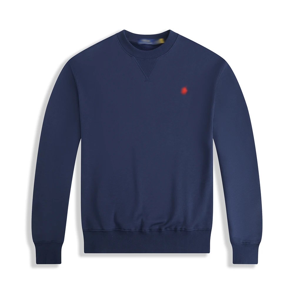Round neck design with navy blue and red logo