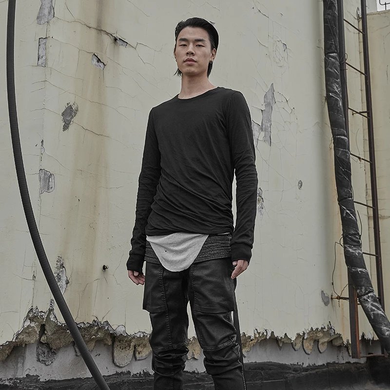 Pink Elephant Dark Style Men's Long Sleeve T-Shirt High Street Double Layer Twist Layering Top
