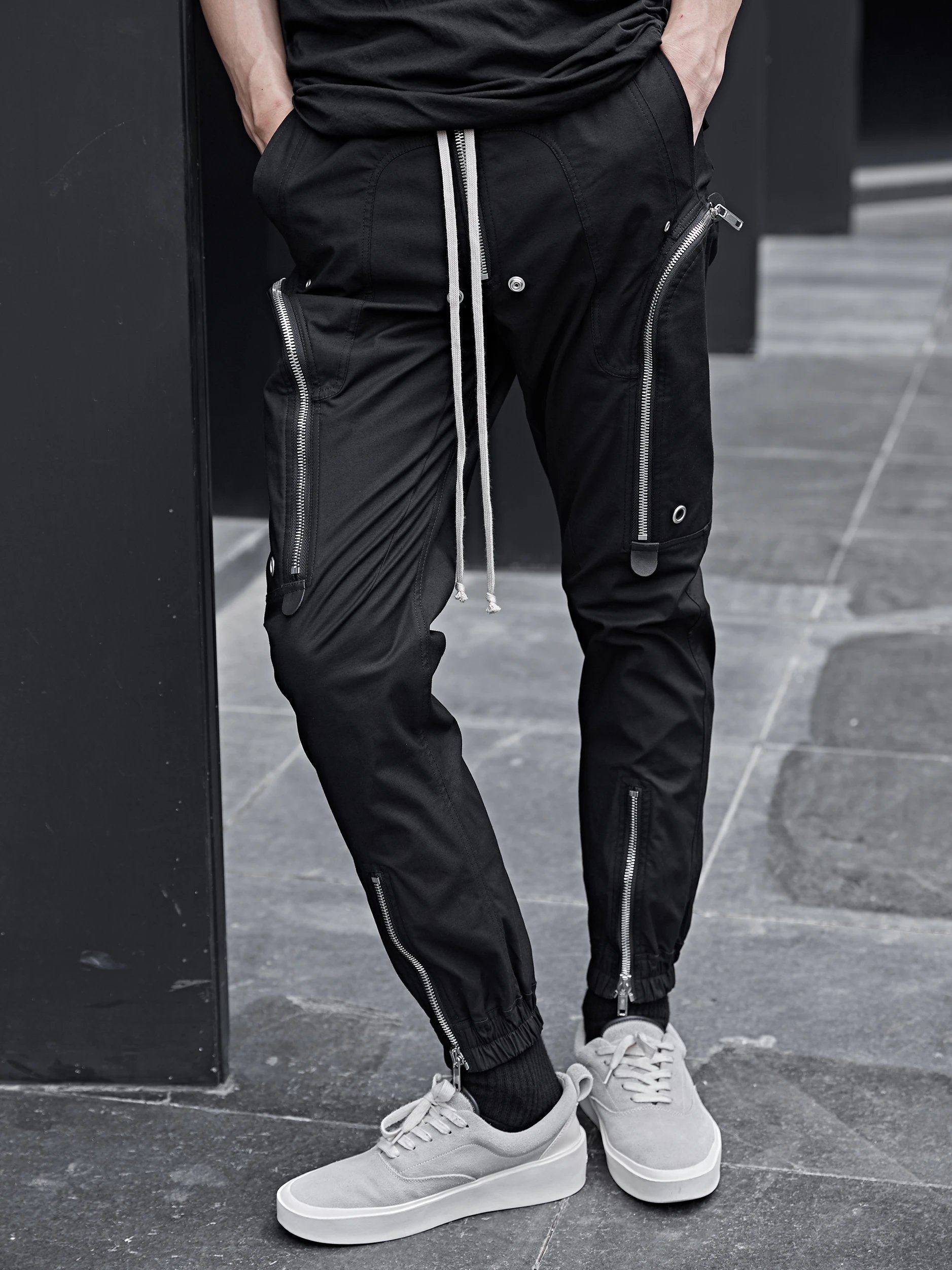 Pink elephant FHDX dark Rick Owens style runway style zipper pocket slim fit work pants ins street