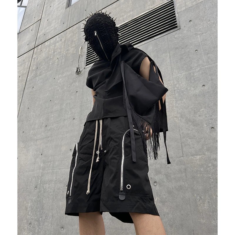 Pink elephant, dark style, avant-garde, niche design, deconstructive style shorts, men's trendy brand, cool and stylish functional workwear