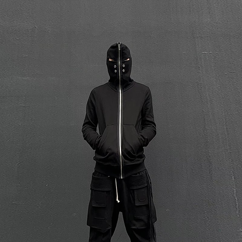 Pink elephant dark RO style black casual shark hoodie autumn and winter hooded solid color zipper cardigan jacket