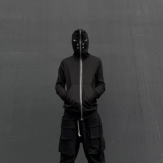 Pink elephant dark RO style black casual shark hoodie autumn and winter hooded solid color zipper cardigan jacket