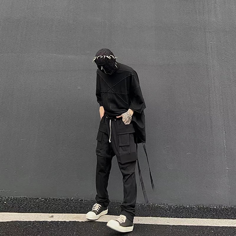 Pink Elephant Dark RO Style Black Cargo Pants with Double Rings, Loose-Fit Casual Workwear Pants for All Seasons