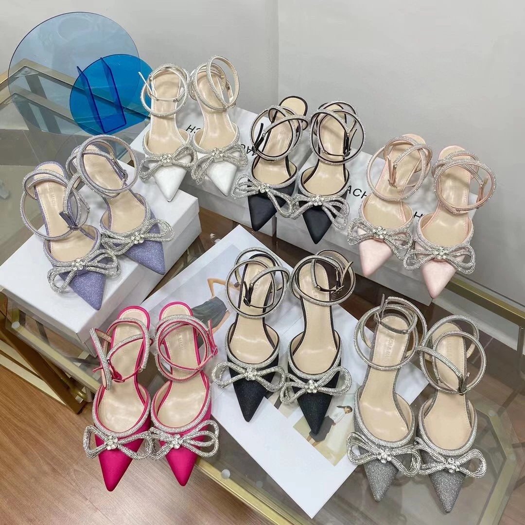 High quality Machmach silk high-heeled shoes for women, 2021 new summer pointed rhinestone butterfly wedding shoes, internet famous matching skirt shoes, bridesmaid slim heel hollow sandals, banquet black back empty single shoes