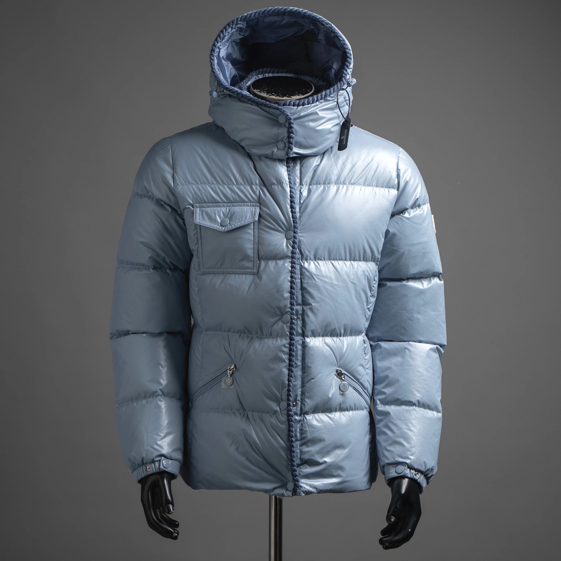 女士针织捆边收腰羽绒服-蓝色