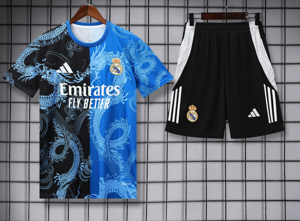 Adidas Football Jerseys Club training shirt and shorts set — 25-26 Real Madrid black and blue*Top quality