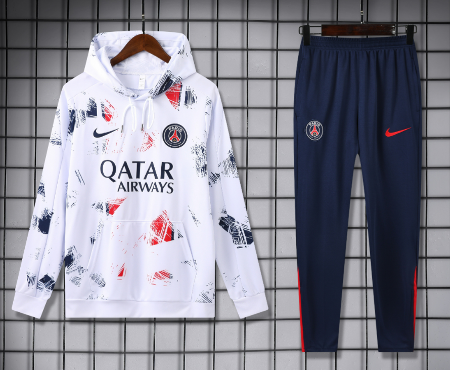 Adidas Tracksuits Football Club Hooded Tracksuit — 2425 Paris is white.