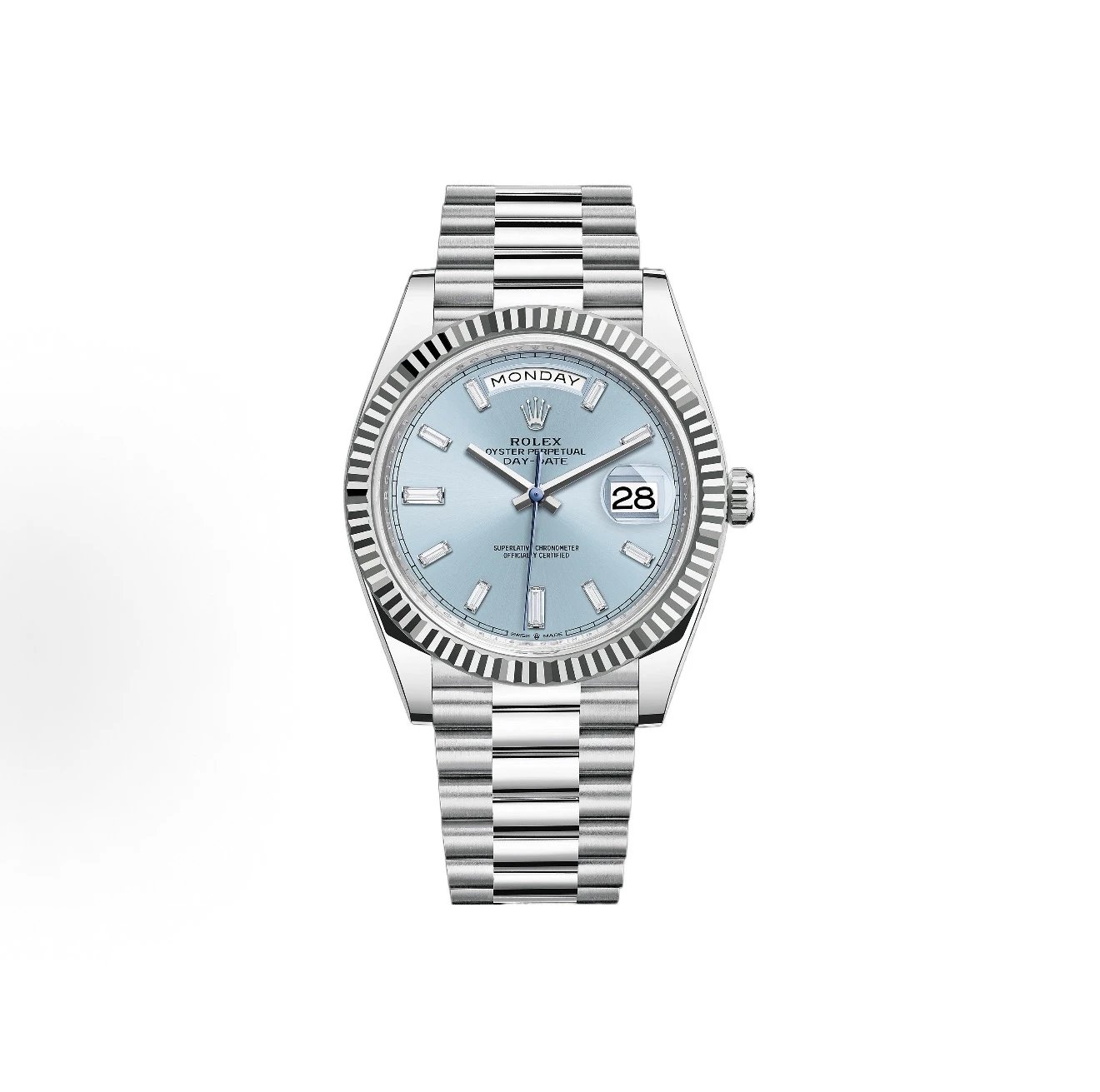 Rolex Day-Date Watch - Ice Blue Dial with Baguette Diamond Hour Markers-009867