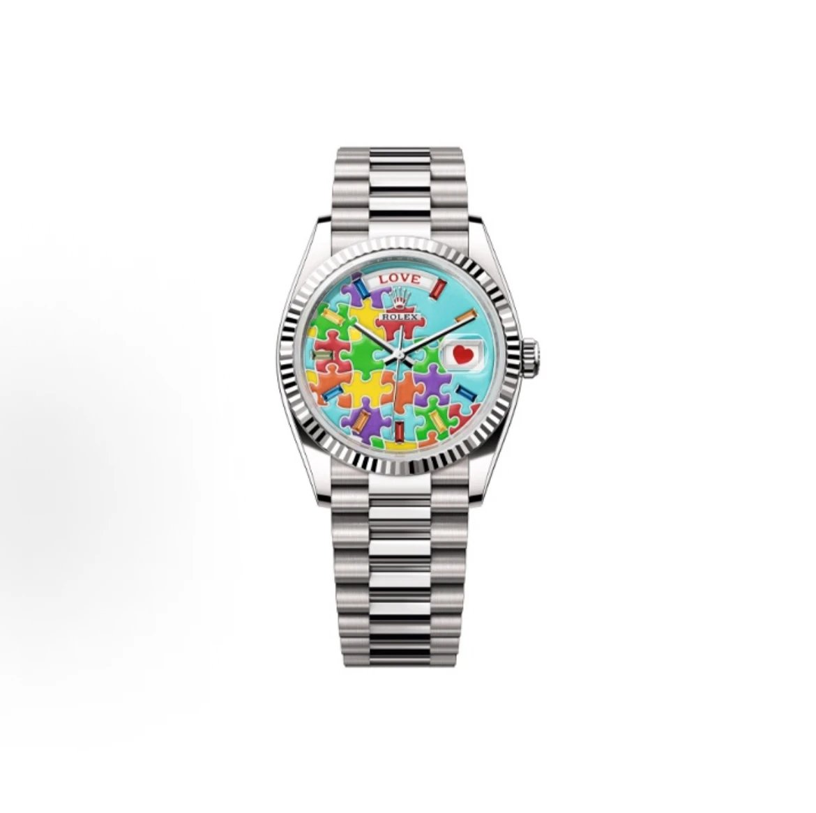 Rolex Day-Date Watch - Light Blue Dial with Puzzle Pattern and Emoji Date Window-010863