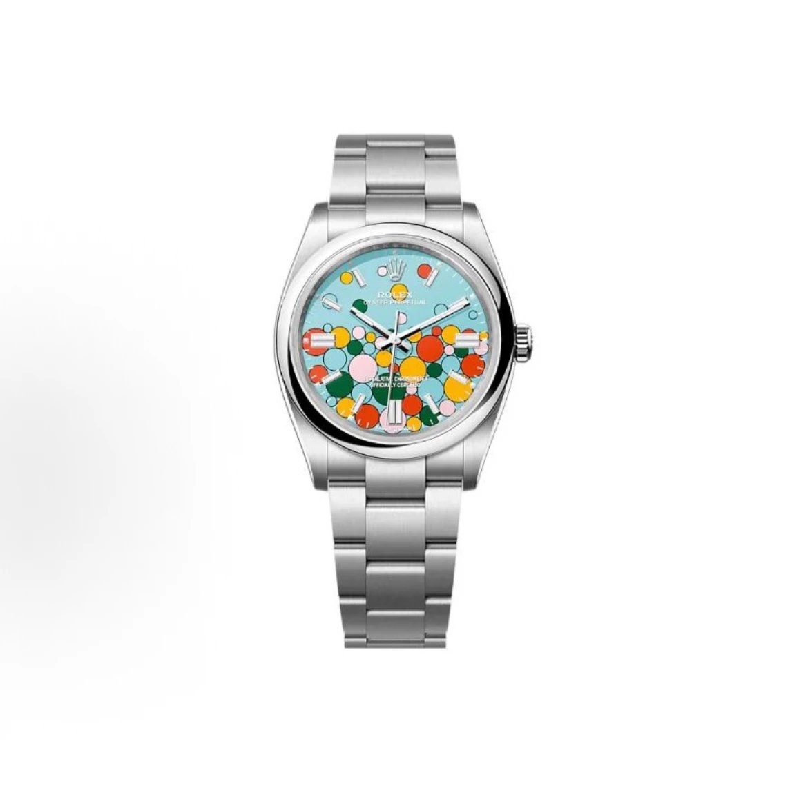 Rolex Oyster Perpetual Watch - Light Blue Dial with Multicolor Dot Pattern-010701