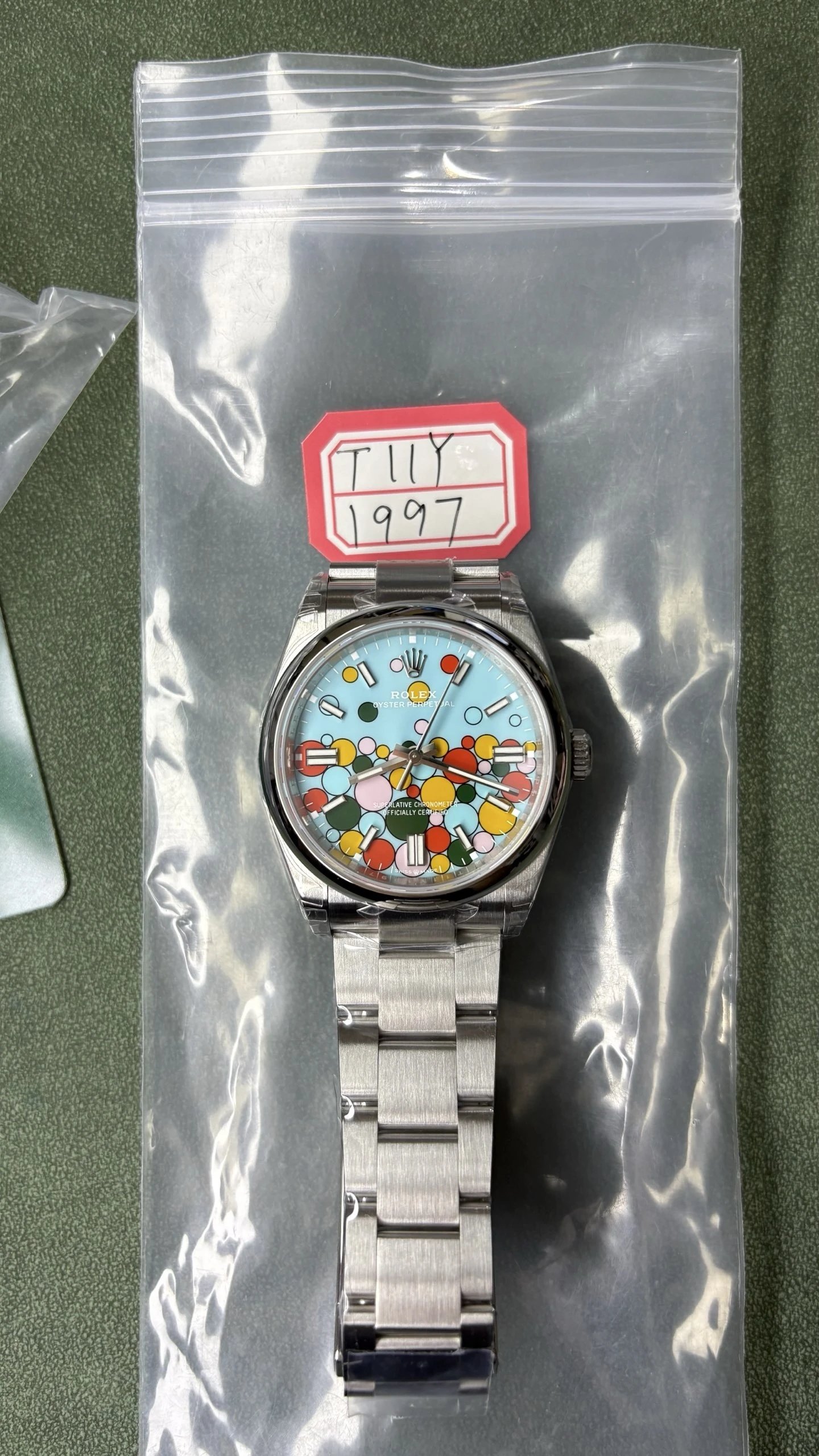 Rolex Oyster Perpetual Watch - Light Blue Dial with Multicolor Dot Pattern-009419