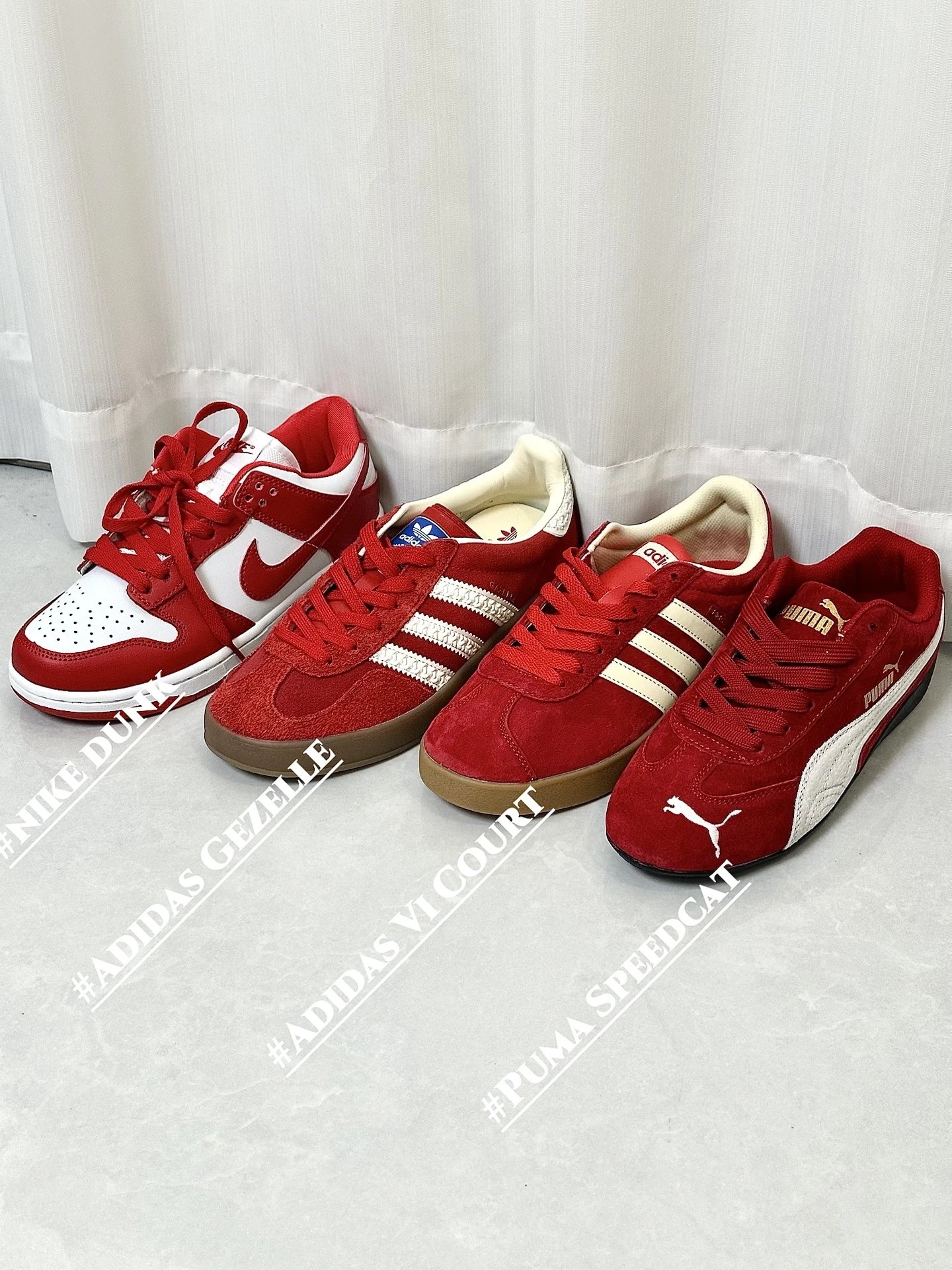 顶配特价顶配厂 Nike Dunk的经典红白配色不出错，Puma Speedcat的复古绒面红超有质感，还有两双adidas的红白搭配，上脚又软又百搭.顶配