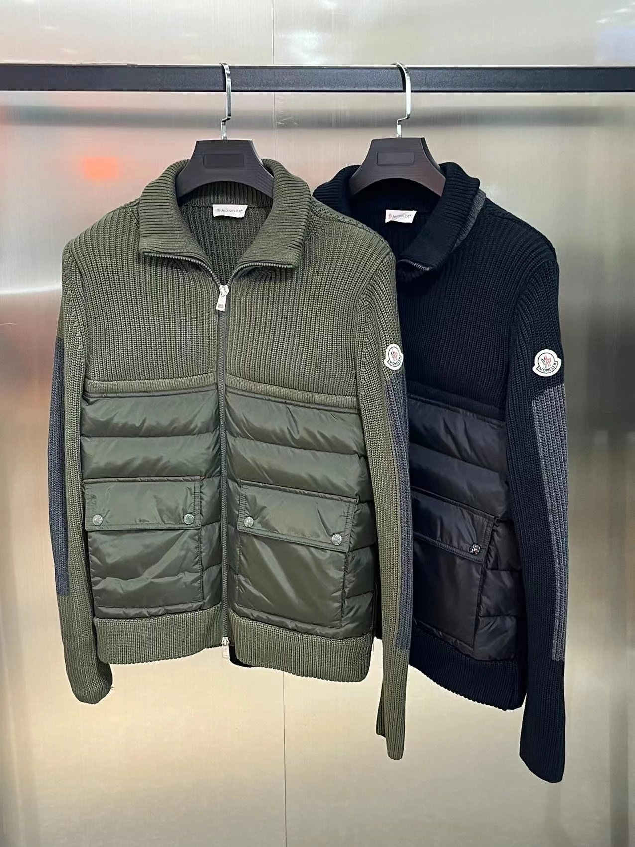 Mon*lerCardigan蒙口FW23纯色衔接拉链双口袋夹克羽绒针织外套