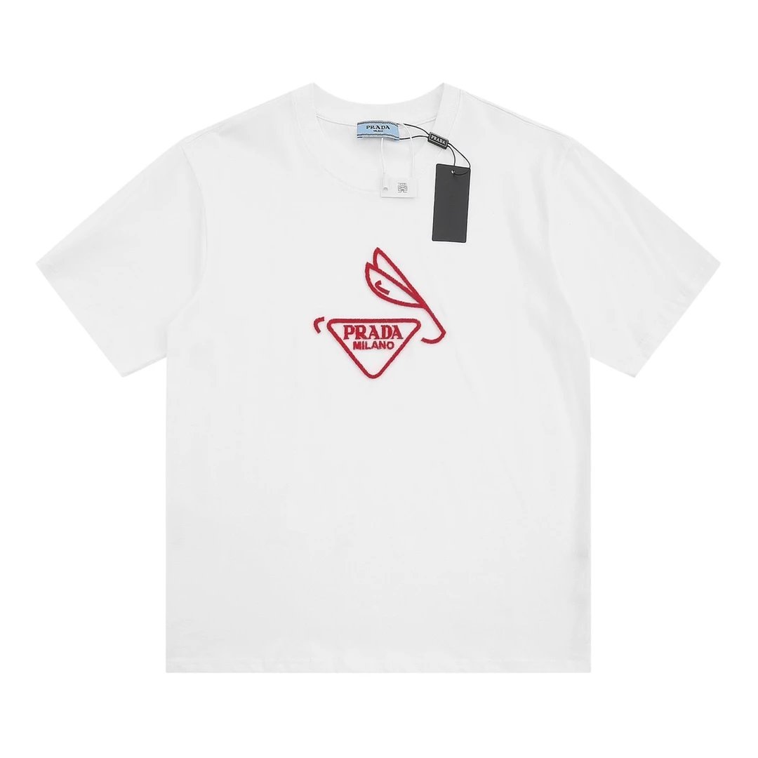 Prad embroidered triangle logo with high density toothpick and Year of the Rabbit on front panel Short Sleeve T-Shirt
