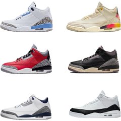 Air Jordan 3 AJ3 Flame Red Joe 3 AMM Co-branded Black Purple White Blue Red Cherry Blossom Pink White Gray North Carolina Blue Hiroshi Fujiwara Lightning Retro Men's Women's Basketball Shoes DO1830-200/FZ4811-001/FN0344-901