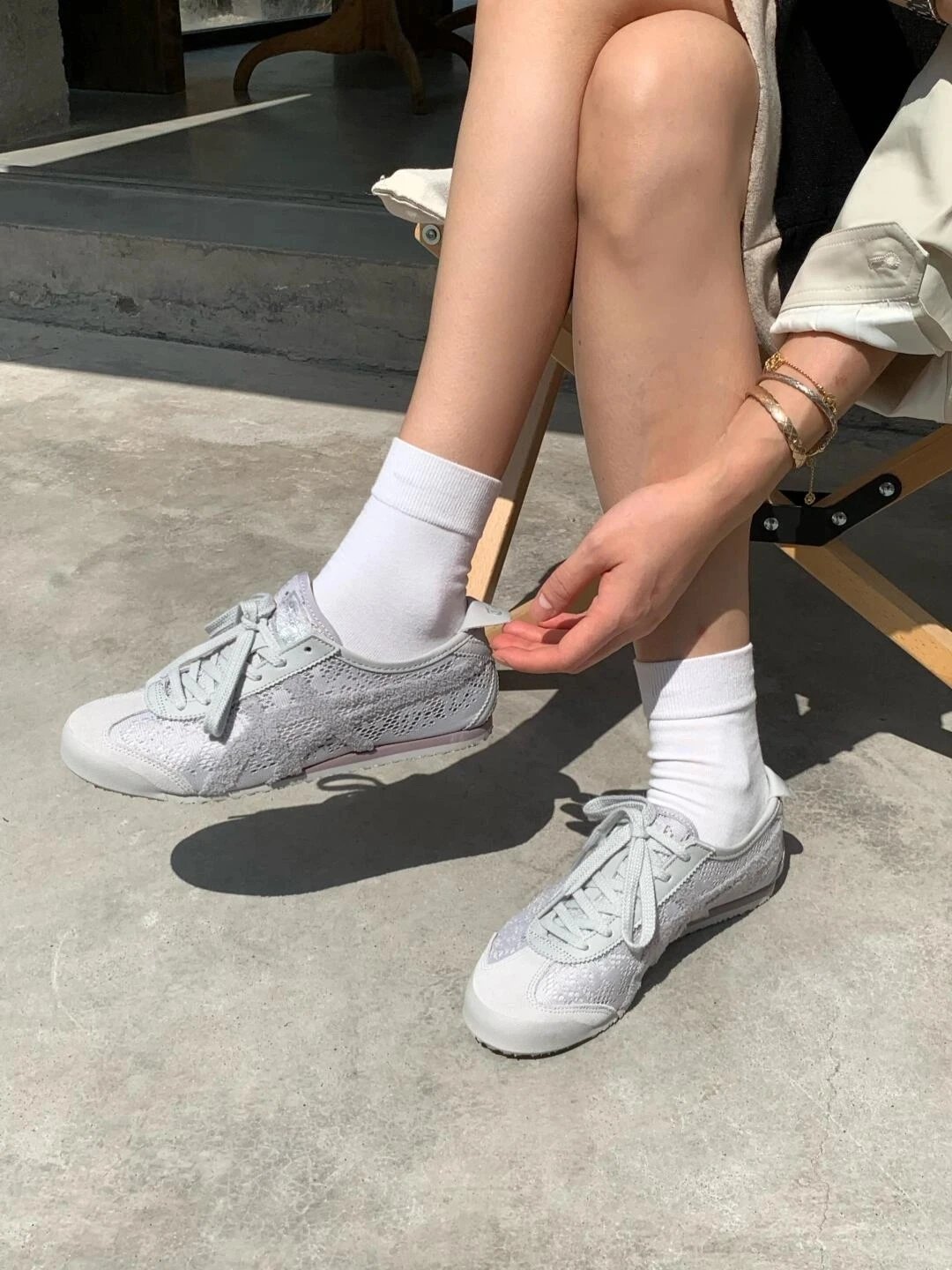 Onitsuka Tiger Mexico 66 Women's Casual Lifestyle Shoes, Fabric, Lace-Up, Trendy Versatile Double Shoelaces, Light Gray