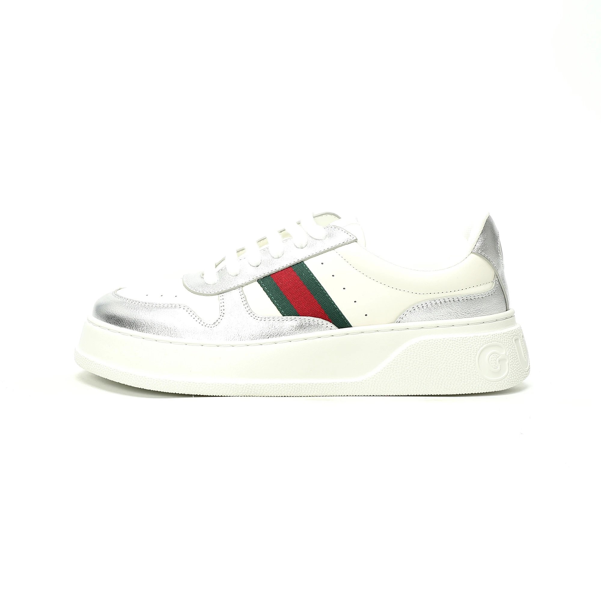 White Metallic Silver Green Red Web Strap