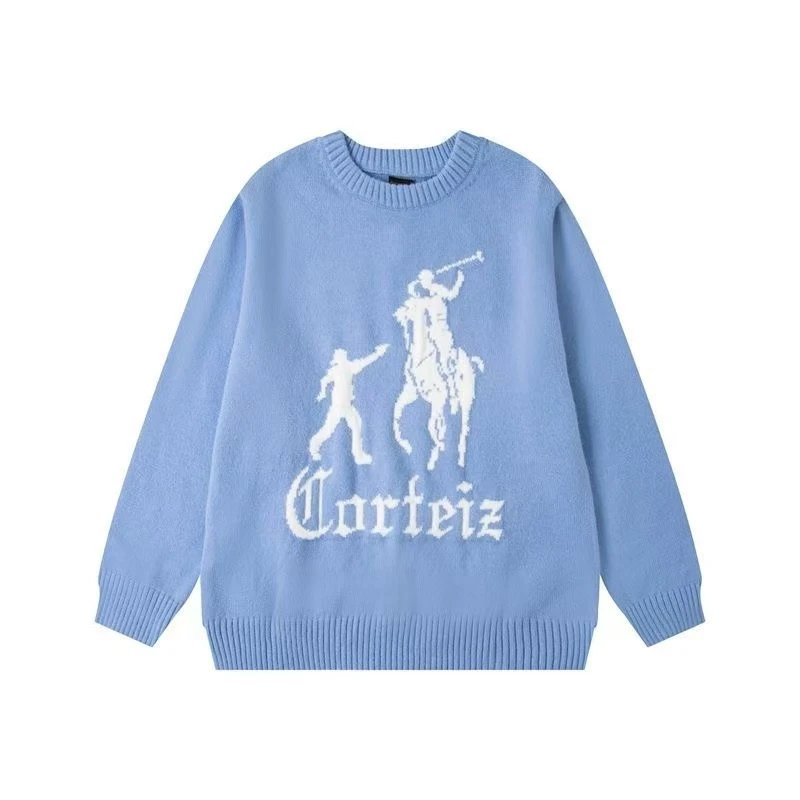 Corteiz Blue Sweater with Warhorse Graphic