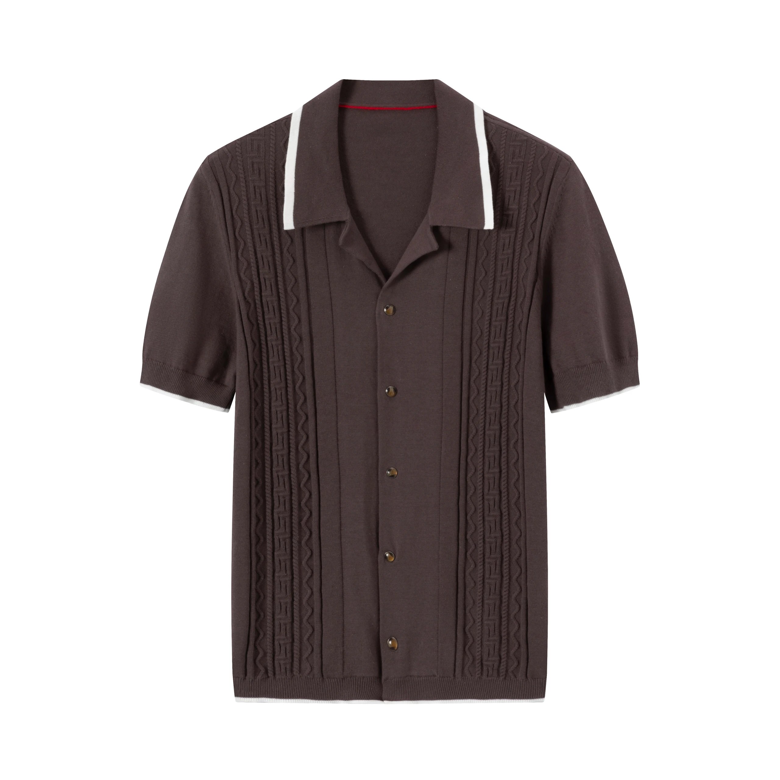 BC Old Money Fine Combed Cotton Jacquard Cuban Collar Knitted Button Short-Sleeve Cardigan
