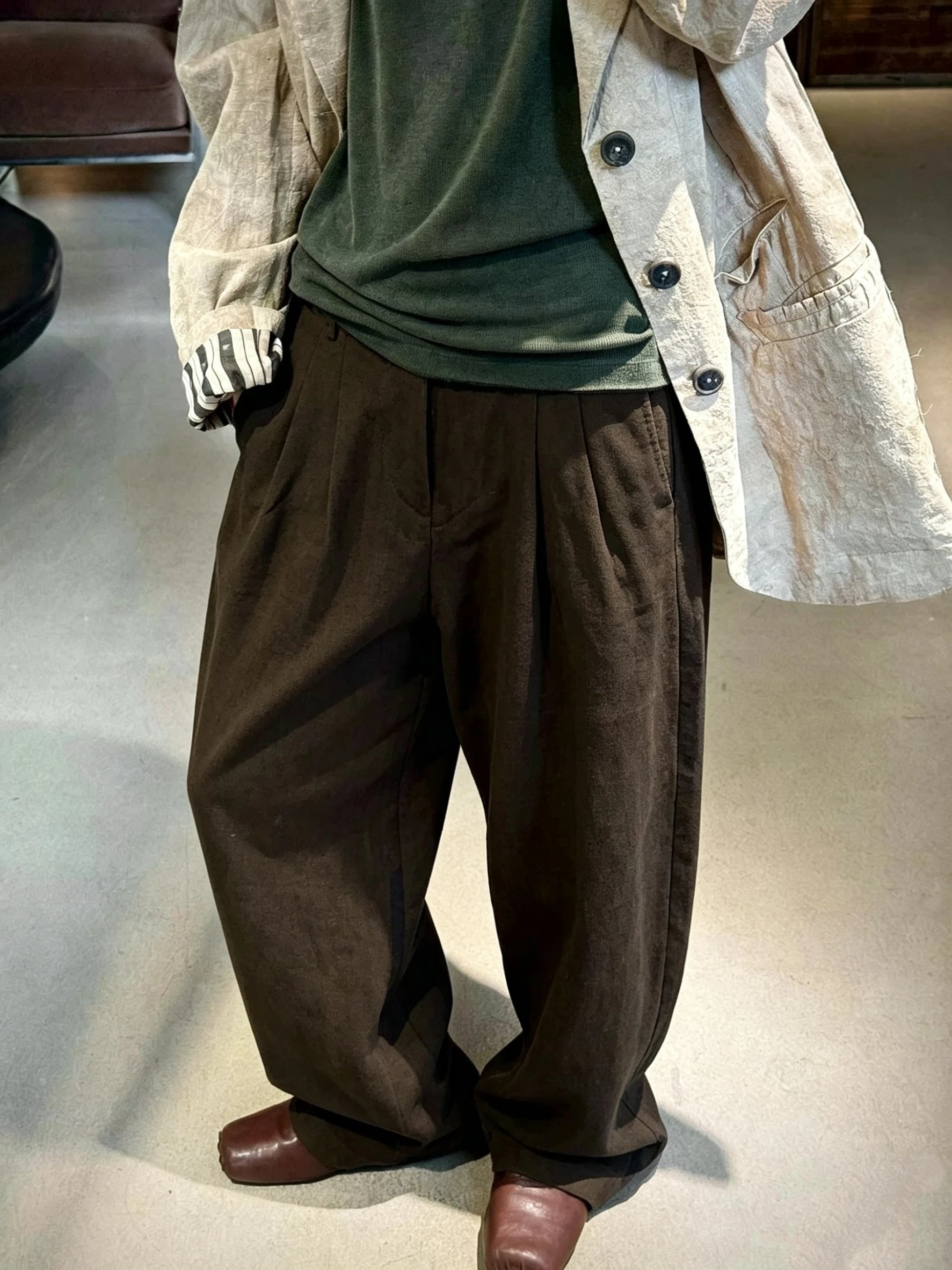 ZG full Han linen double pleated wide leg casual trousers