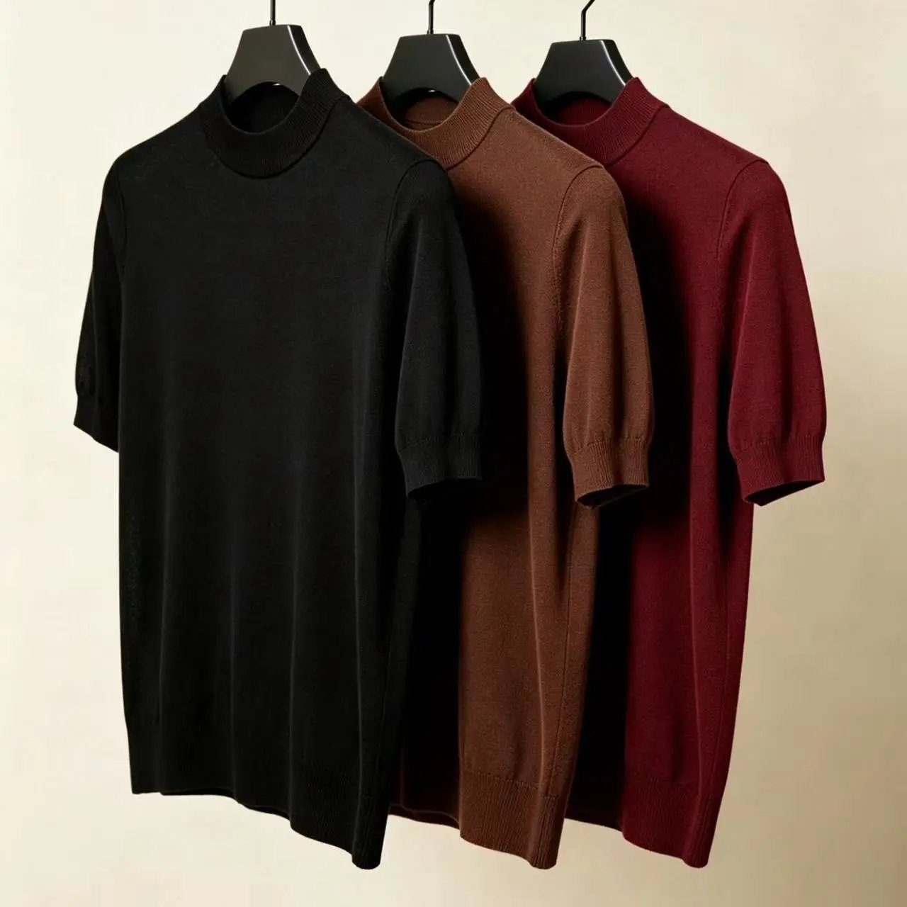 BC style creamy touch mulberry silk blend chimney collar closed knit T-shirt short sleeved