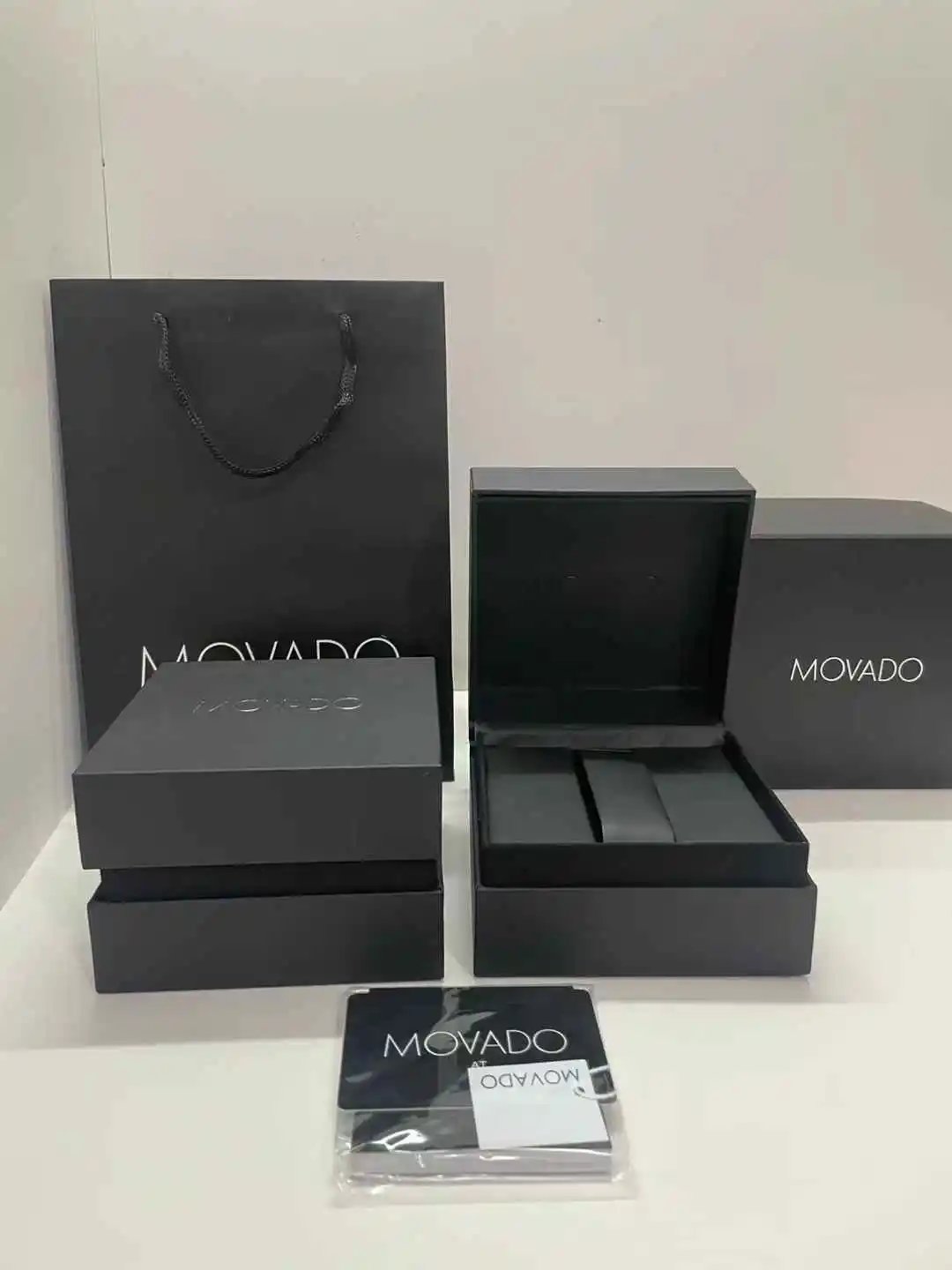 A complete set of packaging for the Movado brand