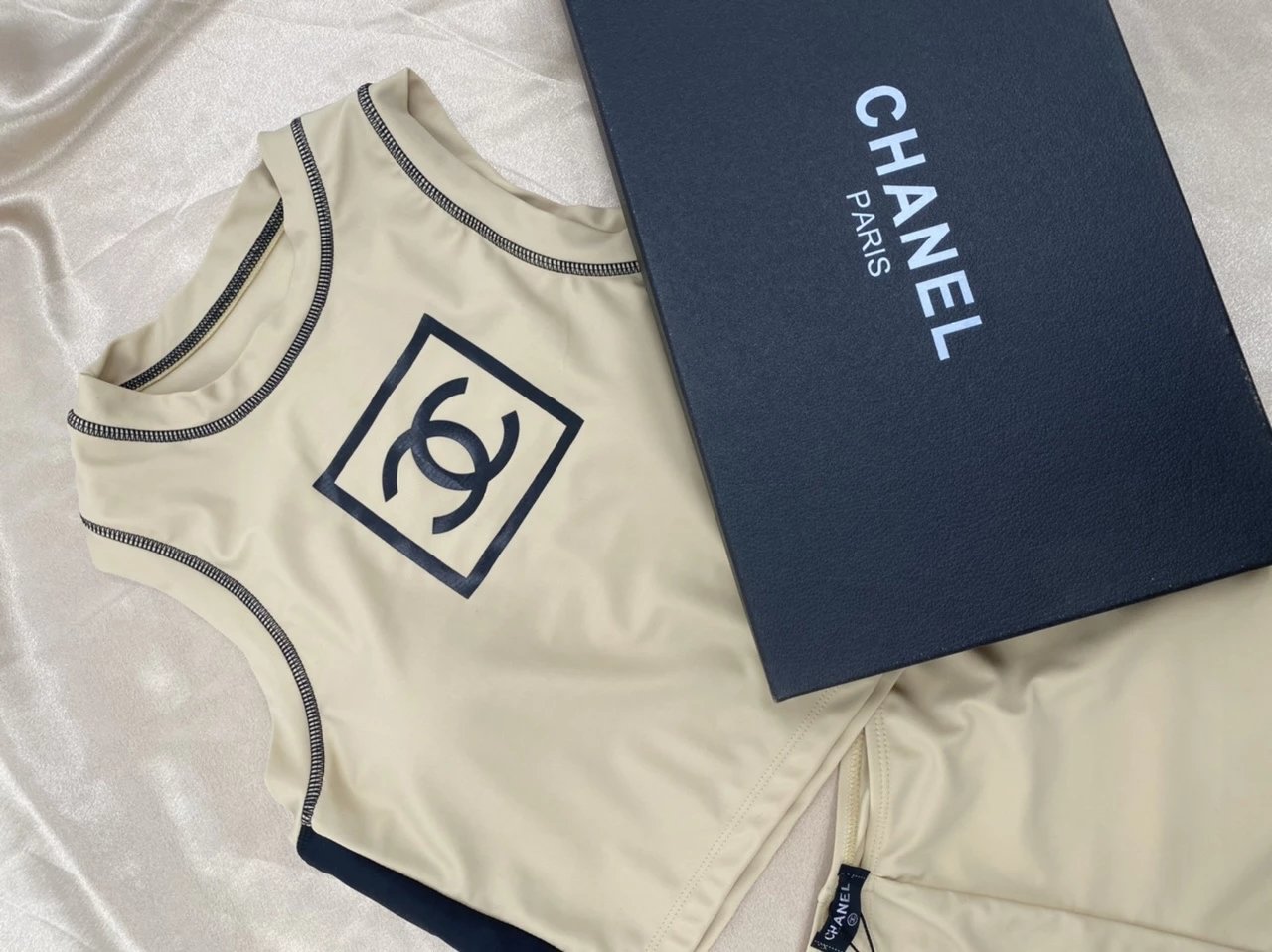 Chanel Beige and Black CC Logo Crop Top & Shorts Activewear Set