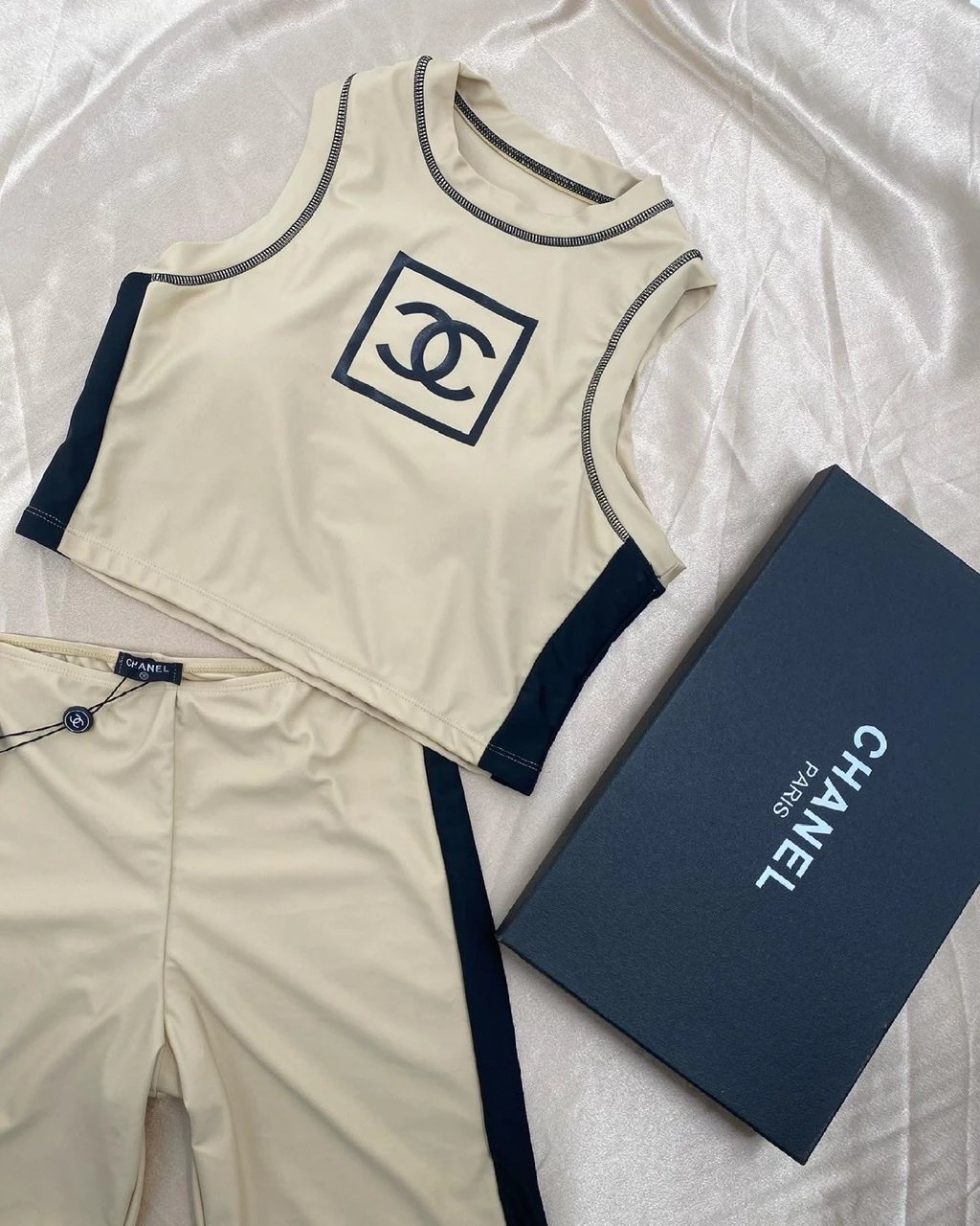Chanel Beige and Black CC Logo Crop Top & Shorts Activewear Set