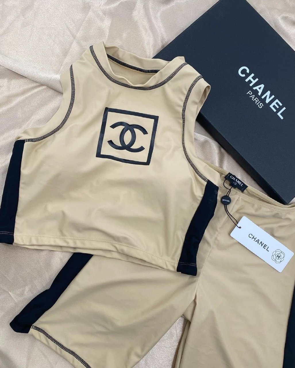 Chanel Beige and Black CC Logo Crop Top & Shorts Activewear Set