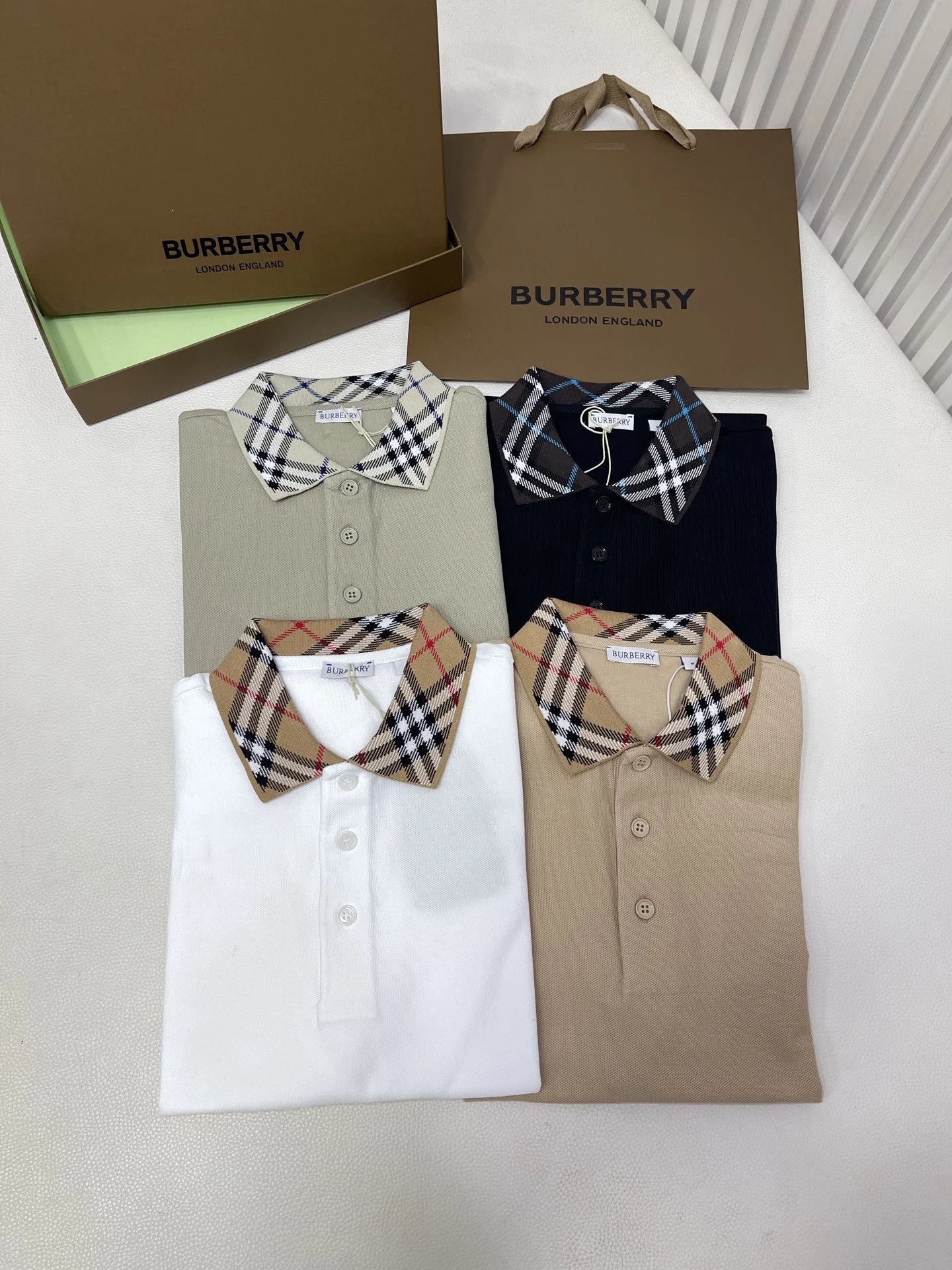 Premium Burberry Cotton Polo Shirt with Checked Collar, Short Sleeve, Unisex