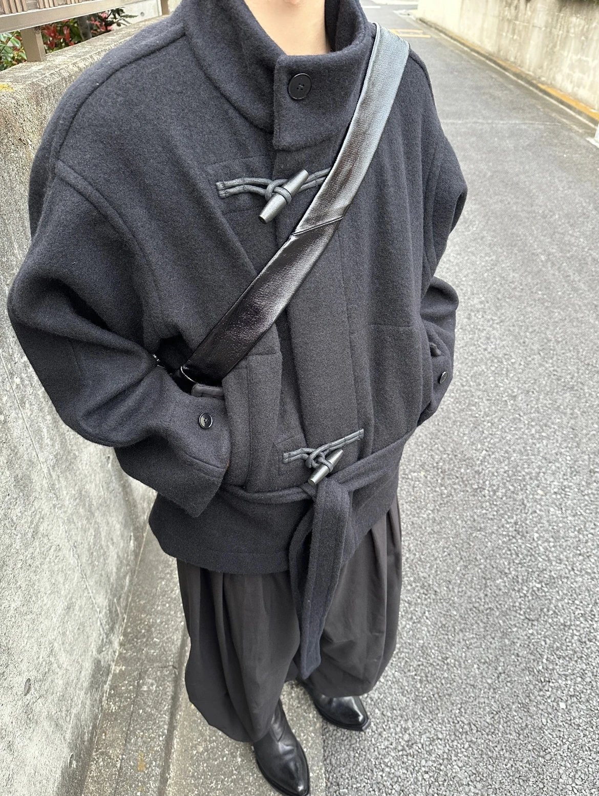 i795 lem 100% Wool Relaxed Fit Solid Color Stand Collar Toggle Button Belt Comfortable Loose Coat