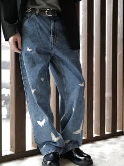 thumbnail for i795 our 25SS Vast Cut Washed Butterfly Embroidered Pattern Loose Men's Jeans