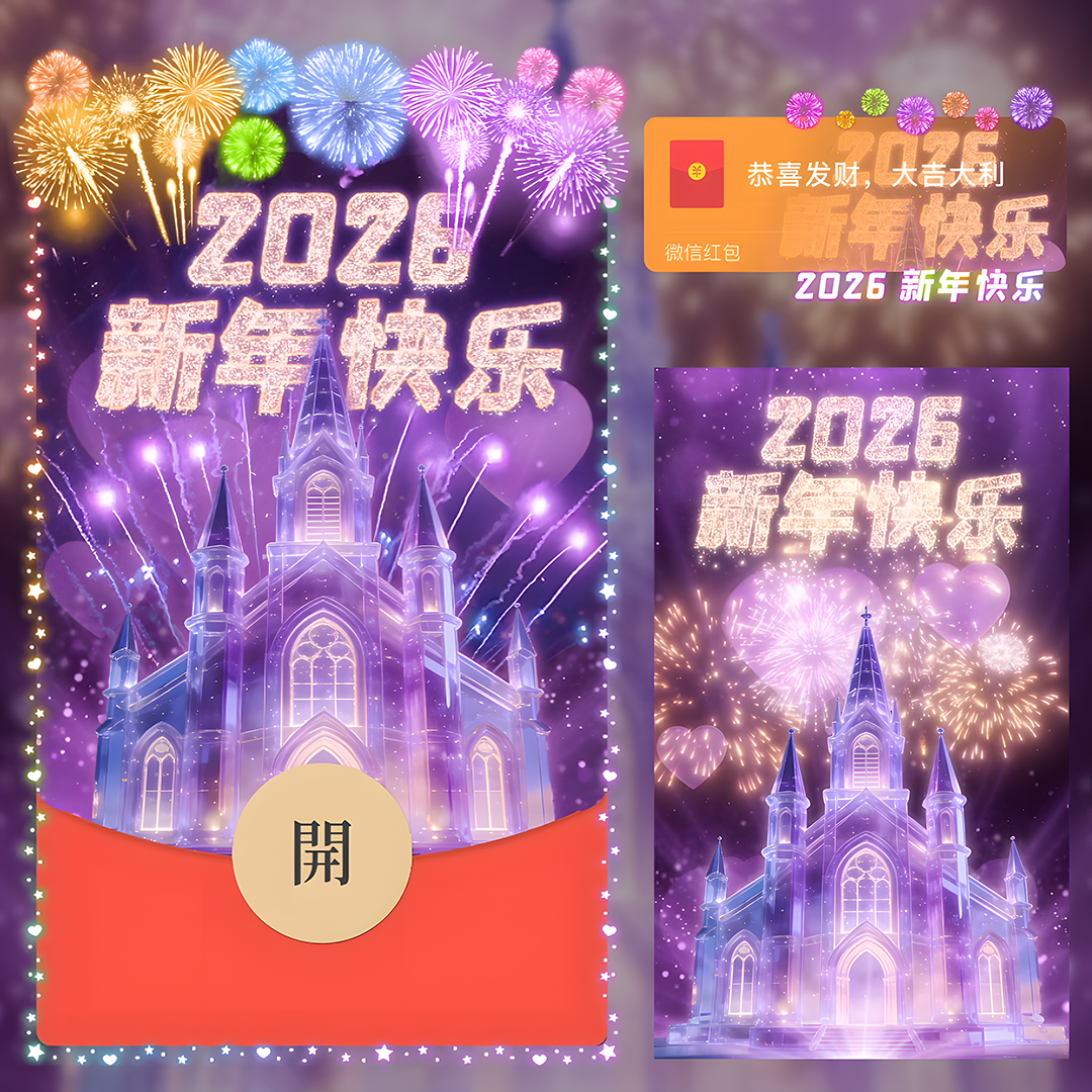 2026紫色新年快乐烟花红包封面皮肤