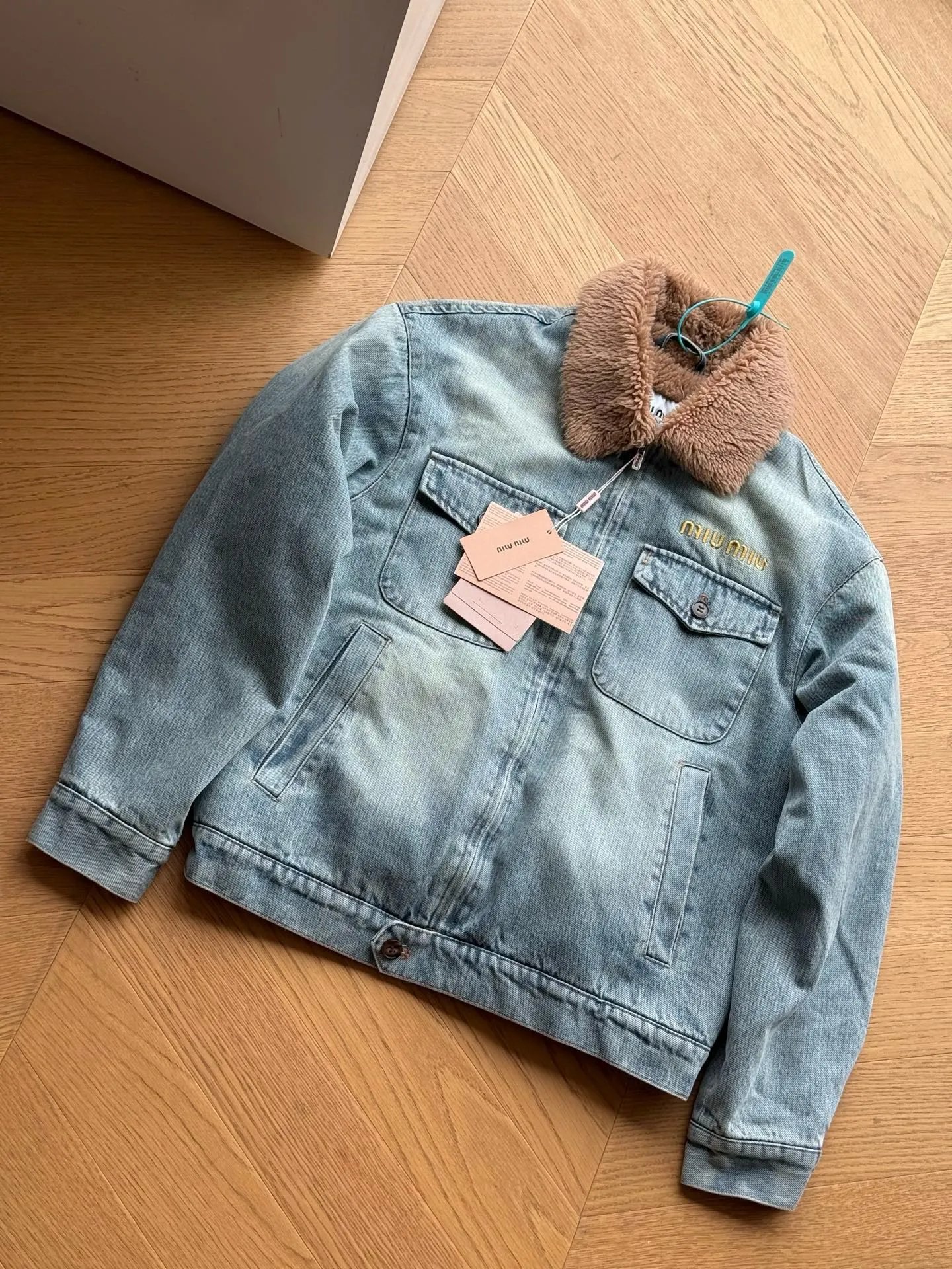 MIU lamb wool washed embroidered label denim jacket