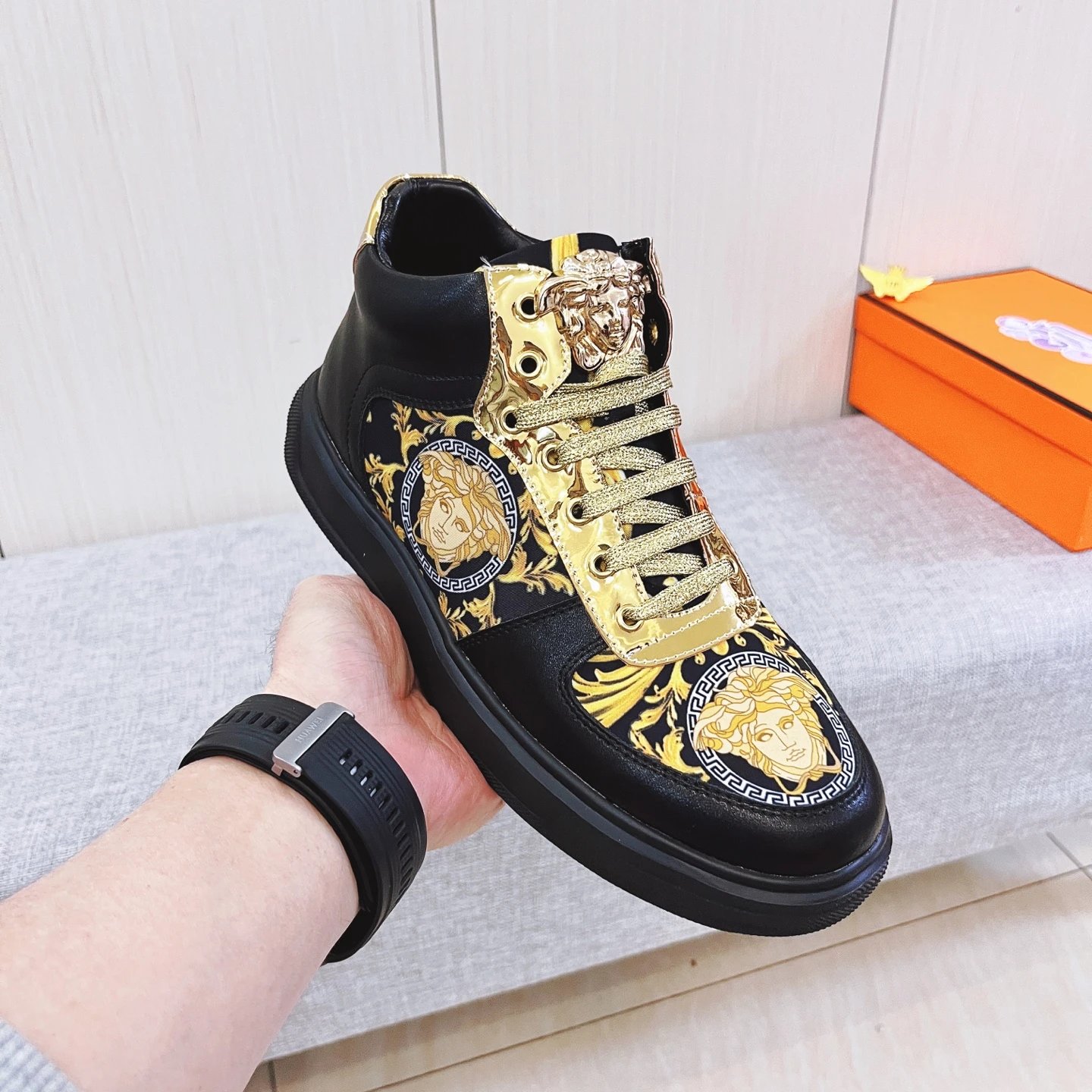 Baroque Leather High Top Sneakers Gold Black - Gallery Image 6 - Detailed View