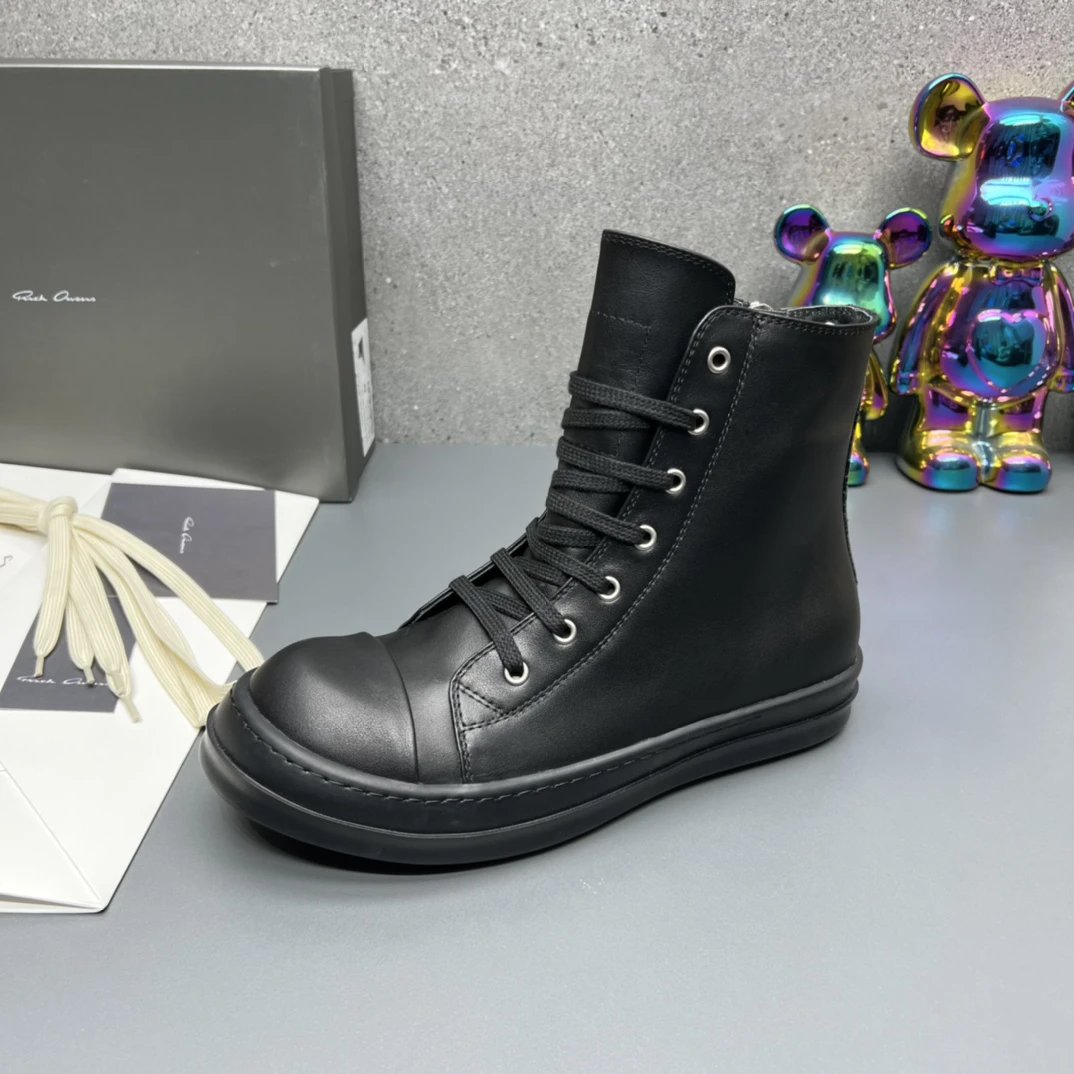 Rick Owens Leather High-Top Sneakers Black - Gallery Image 6 - Detailed View