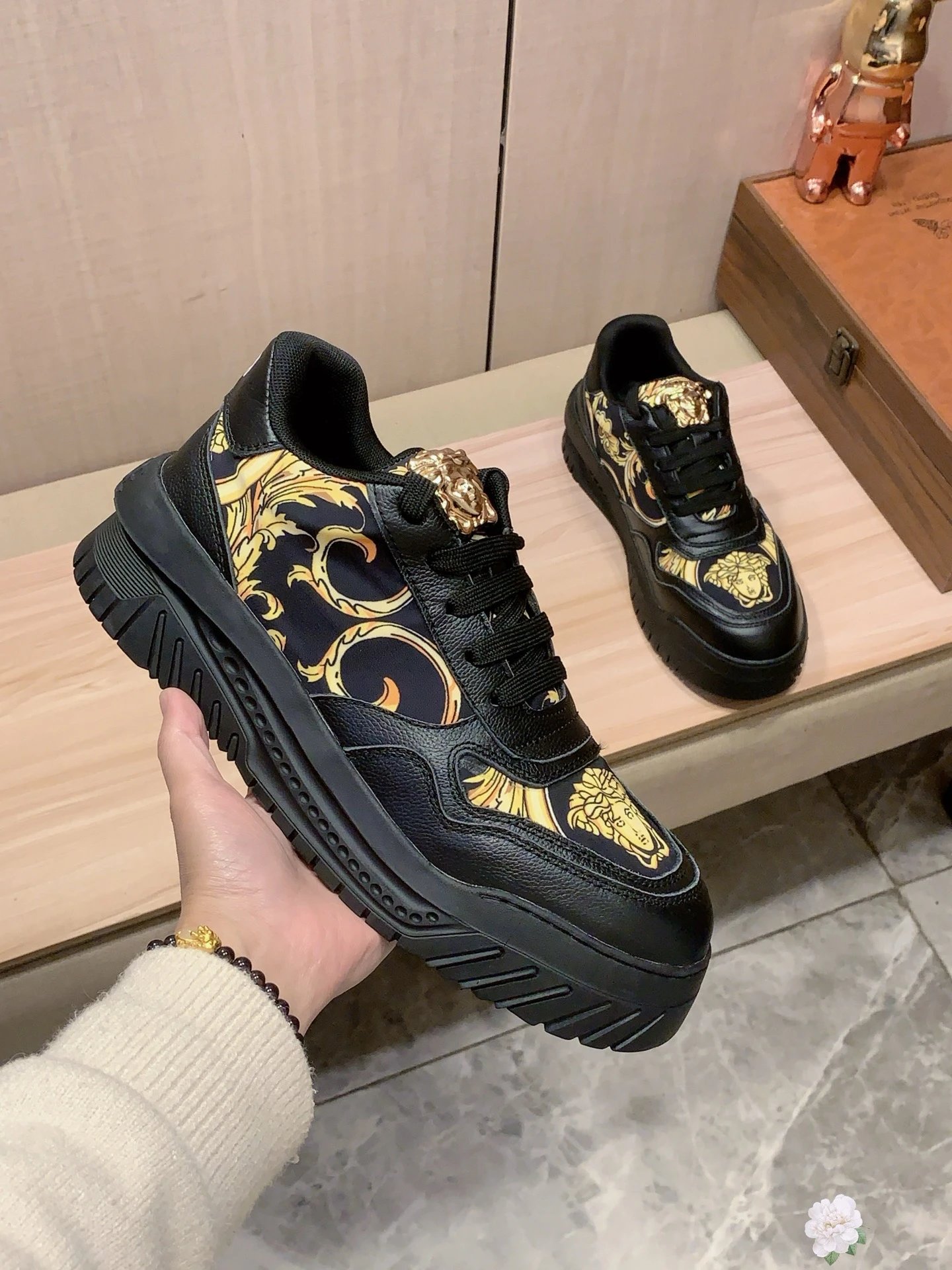 Baroque Leather Low Top Sneakers with Gold Accents Black - Gallery Image 7 - Detailed View