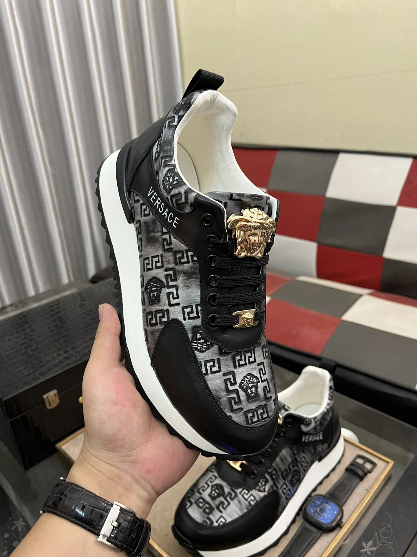 Luxury Leather Sneakers Greek Key Black - Gallery Image 4 - Detailed View