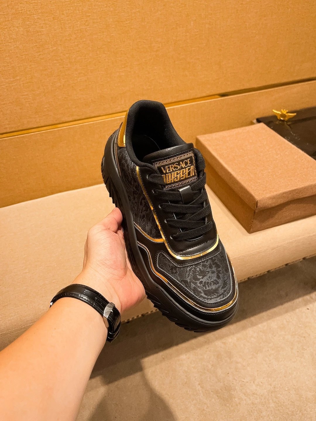 Luxury Leather Sneakers Black Gold - Gallery Image 7 - Detailed View