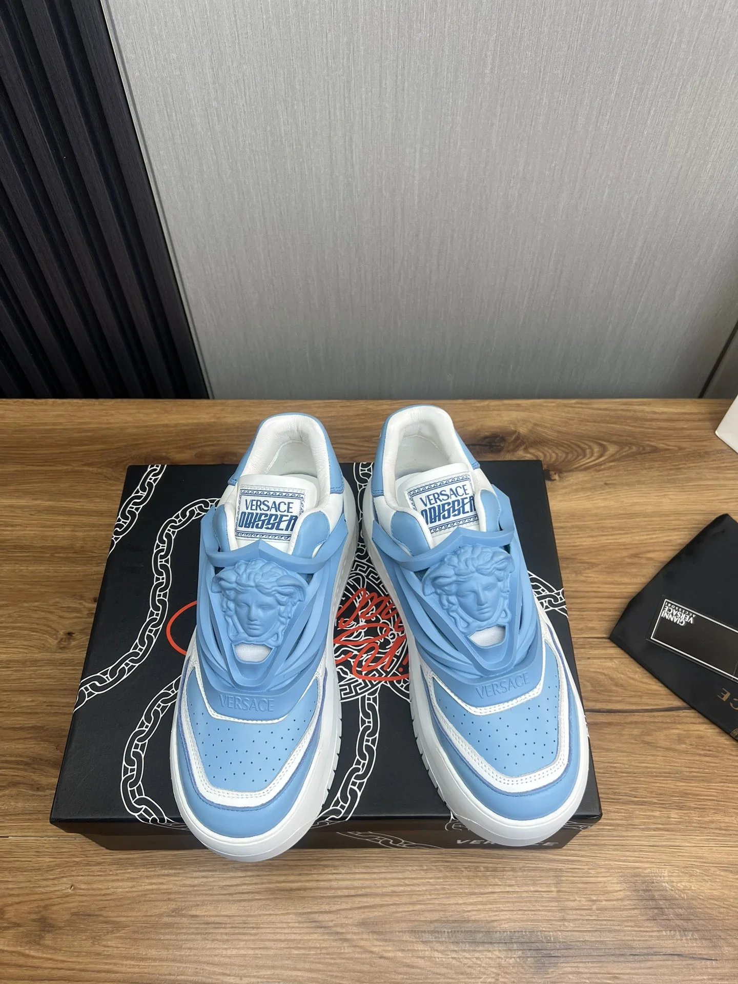 Luxury Leather Low Top Sneakers Mens Powder Blue - Gallery Image 2 - Detailed View